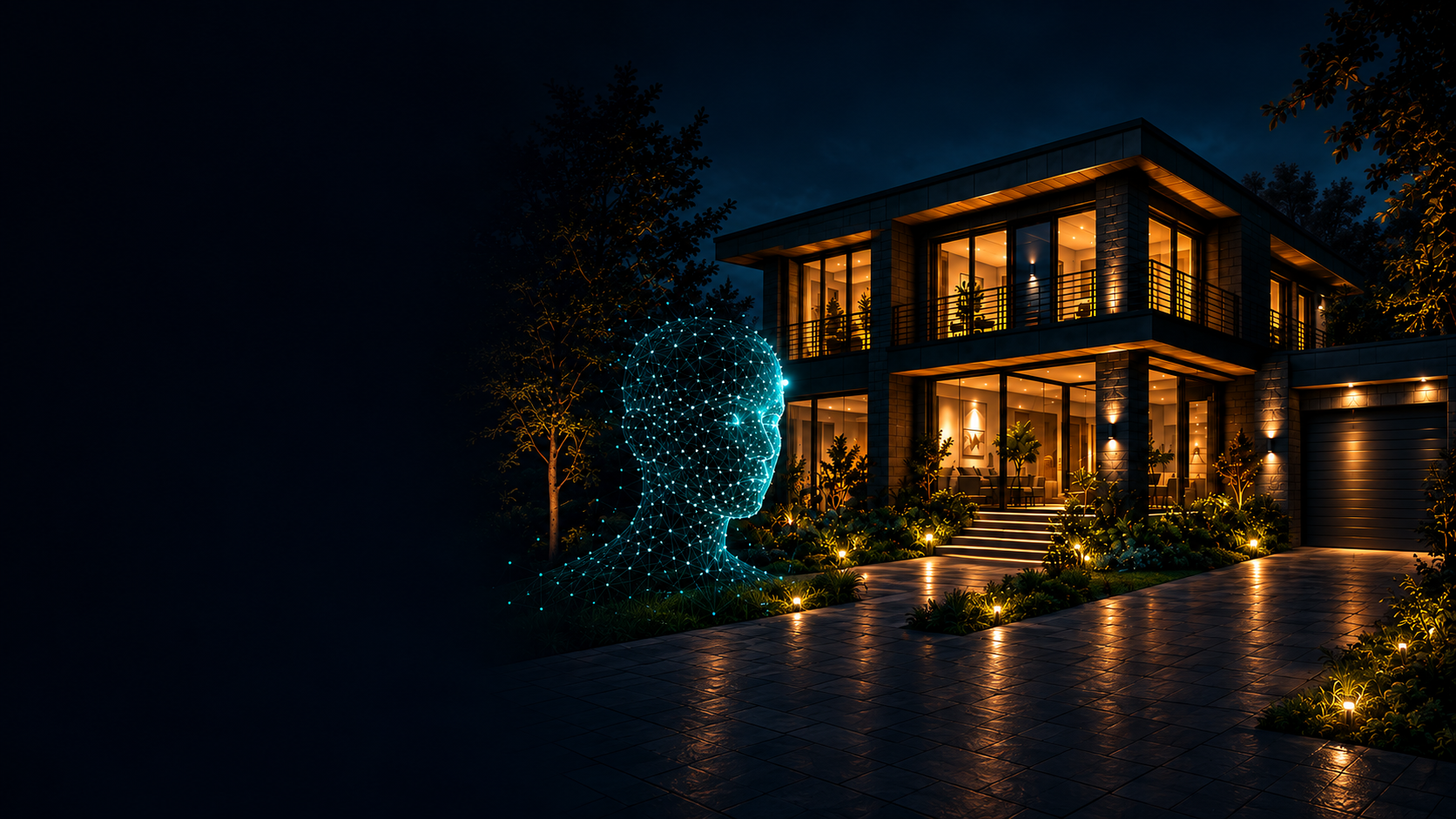 Ilustración conceptual de una vivienda iluminada y una figura facial de puntos turquesa; no representa una instalación real.